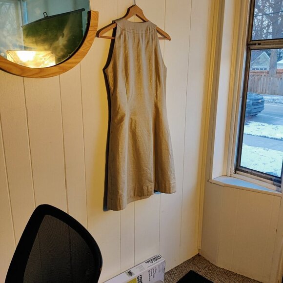 Linen Dress, Shimmering Beige Fabric and Beading at  V-neck, side zipper, Sz 6 - Picture 2 of 8